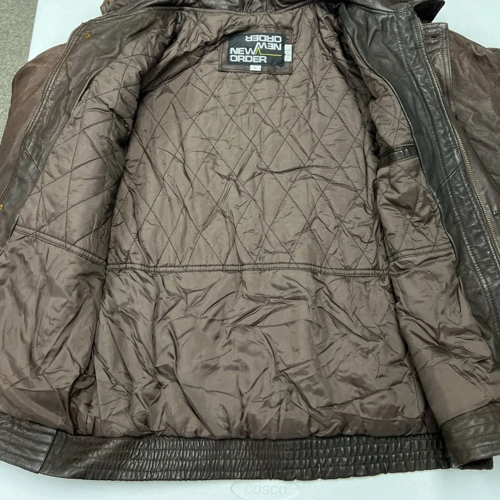 New Order Leather Bomber Jacket Mens M Brown Vintage Quilted Utility